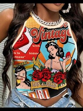 Vintage Graphic Halter Crop Top - Multicolor